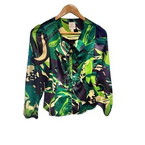 Sarah cambell abstract floral green and blue maximalist button up blouse sz XS